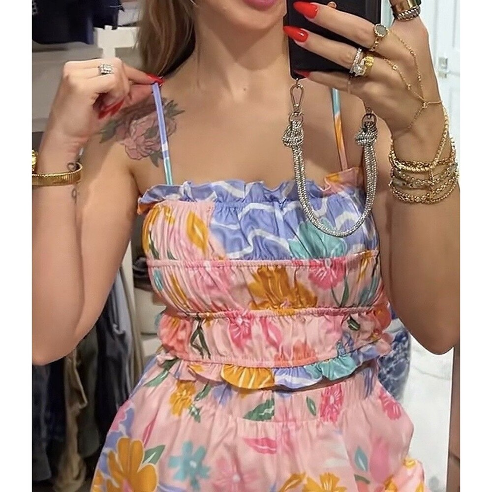 Colorful Floral Print Smocked Camisole Top Spaghetti Strap Size Small